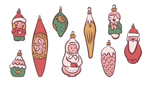 Set of retro Christmas tree baubles, contour flat vector illustration isolated Stock Illustration