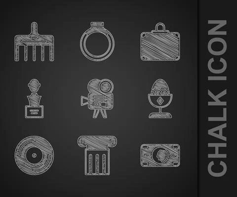 Set Retro cinema camera, Ancient column, Stacks paper money cash, Chicken egg 스톡 일러스트