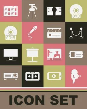 Set Retro cinema camera, Cinema ticket, Rope barrier, Stacks paper money cash Stock Illustration