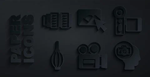 Set Retro cinema camera, Cinema, Dust blower, Photo, retouching and Camera photo 스톡 일러스트