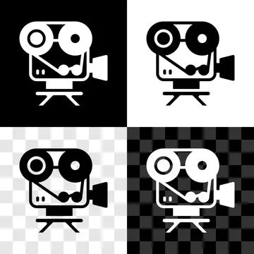 Set Retro cinema camera icon isolated on black and white, transparent background Stock Illustration