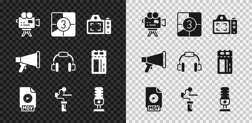 Set Retro cinema camera, Old film movie countdown frame, Photo, MOV file do.. Stock Illustration