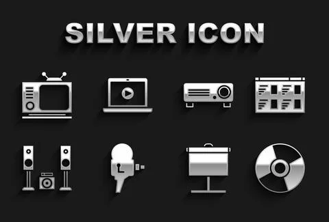 Set Retro cinema camera, Online play video, CD or DVD disk, Projection screen Stock Illustration