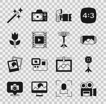 Set Retro cinema camera, Studio light bulb softbox, Photo frame, Camera film  Stock Illustration