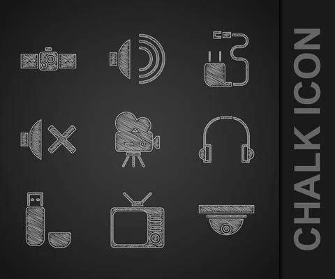 Set Retro cinema camera, tv, Motion sensor, Headphones, USB flash drive, Speaker Illustrazione stock