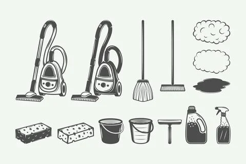 Set of retro cleaning design elements in vintage style. Monochrome Graphic Ar Иллюстрация