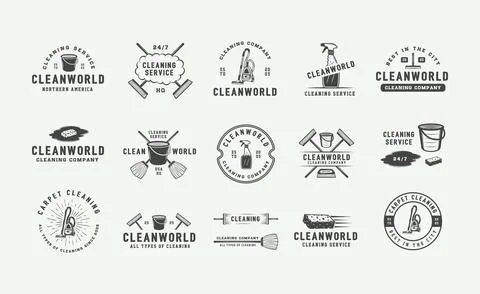 Set of retro cleaning logo badges, emblems and labels in vintage style. Monoc Stock Illustration