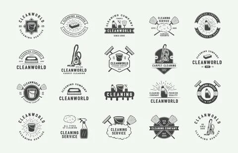 Set of retro cleaning logo badges, emblems and labels in vintage style. Monoc Stock Illustration