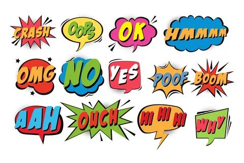 Set of retro comic speech bubbles in hand-drawn pop art style with halftone.. Stock Illustration