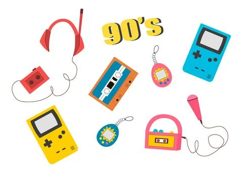 Set with retro electronic devices. Cute and stylish attributes from 90s. Hand Illustrazione stock