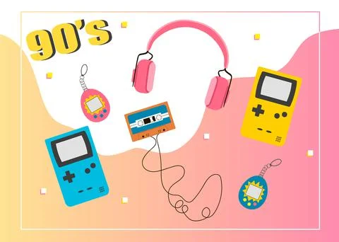 Set with retro electronic devices. Cute and stylish attributes from 90s. Hand Illustrazione stock