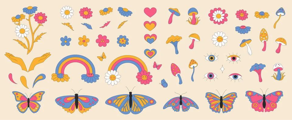 Set with retro elements. Daisies with smiles. Stock Illustration