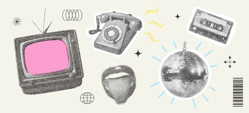 Set of retro elements with photocopy effect Y2K. Pop art design. Old TV, tele Stock Illustration