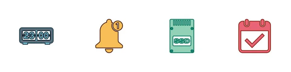 Set Retro flip clock, Bell, SSD card and Calendar with check mark icon. Vector Illustrazione stock