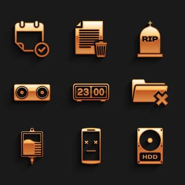 Set Retro flip clock, Dead mobile, Hard disk drive HDD, Delete folder, IV bag Stock Illustration