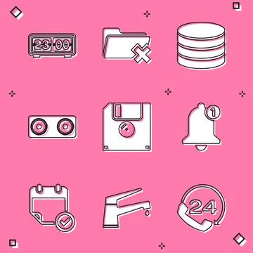 Set Retro flip clock, Delete folder, Database, Stereo speaker, Floppy disk and Stock Illustration