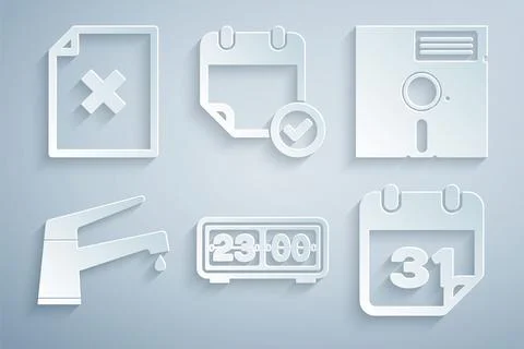 Set Retro flip clock, Floppy disk in the 5.25-inch, Water tap, Calendar, with Stock Illustration