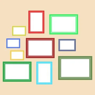 A set of retro frames for paintings of different colors hanging on the wall. Stock Illustration