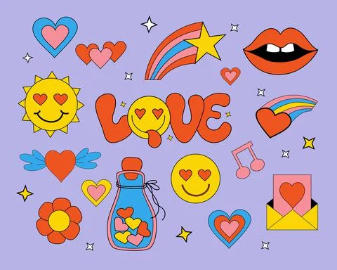 Set of retro groovy elements, cute funky hippy, love stickers. Cute lettering Illustrazione stock