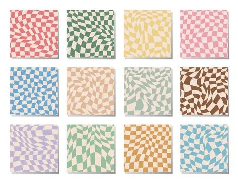 Set of retro groovy wavy psychedelic checkerboard in pale pastel colors, sq.. Stock Illustration