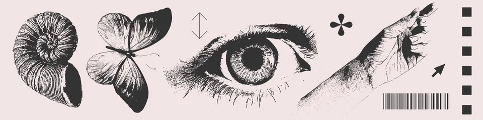 Set of retro halftone collage elements wit photocopy halftone effect. Realistic Stock Illustration