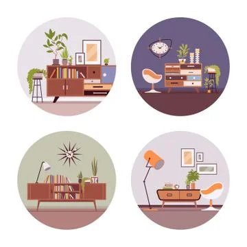Set of retro interiors in circle Stock Illustration