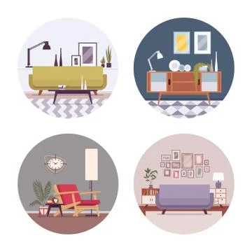 Set of retro interiors in a circle Stock Illustration