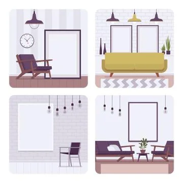 Set of retro interiors, frames for copyspace and mockup Stock Illustration