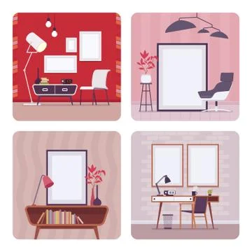 Set of retro interiors, frames for copyspace and mockup 스톡 일러스트