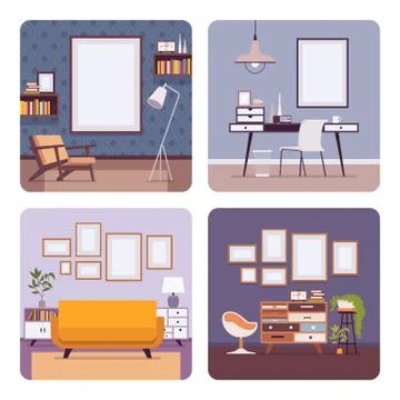 Set of retro interiors, frames for copyspace and mockup Stock Illustration
