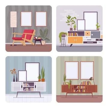 Set of retro interiors, frames for copyspace and mockup Stock Illustration