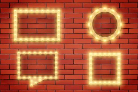 Set of Retro light bulbs and frames on brick wall 스톡 일러스트