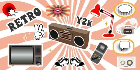 Set of retro music elements from the 90s, 80s, 70s. Clipart. Vector illustr.. Stock Illustration