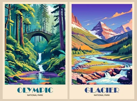 Set of Retro National Parks vector art posters Stock Illustration