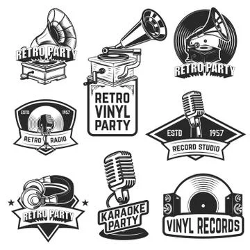 Set of retro party emblems. Design elements for logo, label, emblem, sign, ba Illustrazione stock