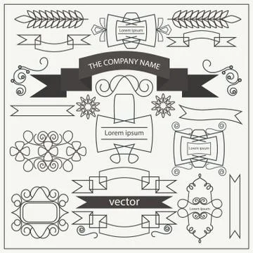 Set retro pattern elements, ribbons, curls, frames Stock Illustration