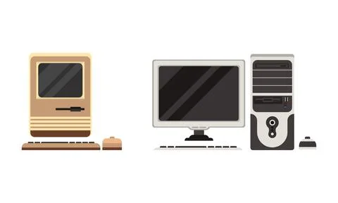 Set of Retro Personal Computers, Old Office Workspace Devices, Pc Monitor with Illustrazione stock