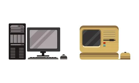 Set of Retro Personal Computers, Pc Monitor System with Keyboard and Mouse Flat Stock Illustration