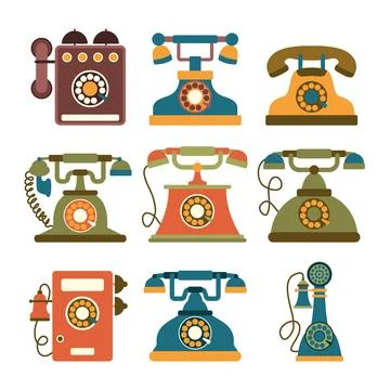 Set of Retro Phone Set Collection. Telecommunication 80s 90s 70s Telephone... Stock Illustration