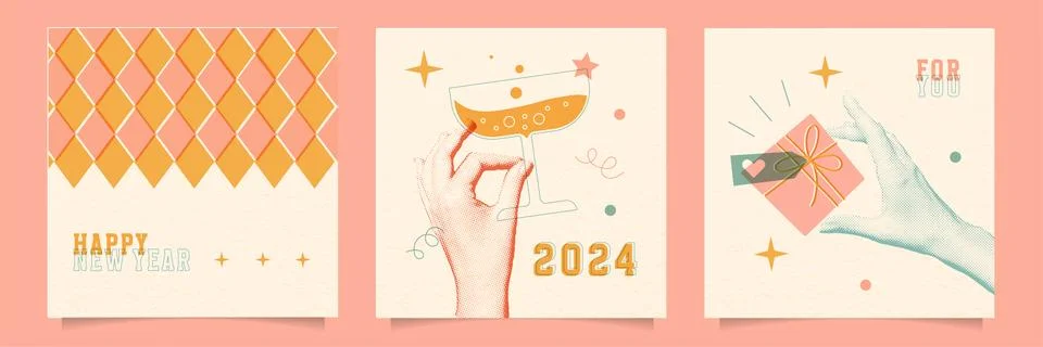 Set of retro posters in a trendy risograph print style. Happy New Year creative Stock-Illustration