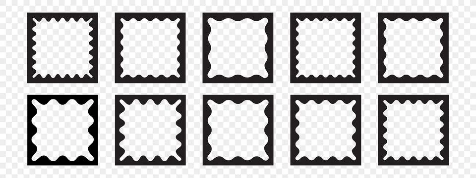 Set of retro scallop frames. Square doodle borders with zigzag wavy edges. .. Stock Illustration
