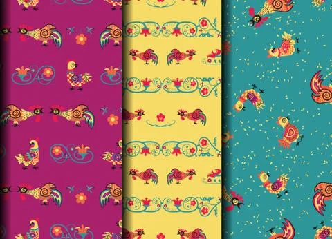 Set retro seamles pattern with rooster and flower Illustrazione stock