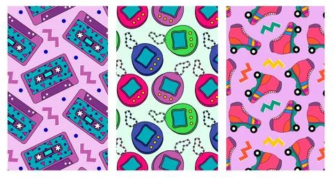 Set of retro seamless patterns with tape cassettes, tamagotchi, roller skates Stock Illustration