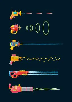 Set of retro space laser blasters or ray gun flat vector illustration isolated. Stock Illustration