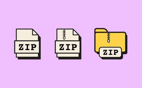 Set of retro style ZIP file and folder icons of compressed document and archive Stock Illustration