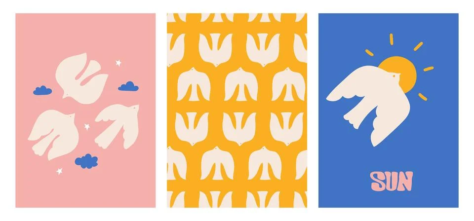 Set of retro summer posters or cards with Groovy compositions with flying white Stock Illustration