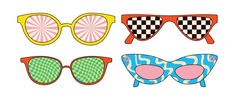 Set of retro sunglasses with trippy patterns and psychedelic colors. Vector.. Stock Illustration