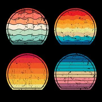 Set of Retro Sunset Wave Art Bundle in the style of the 80s and 90s Stock Illustration