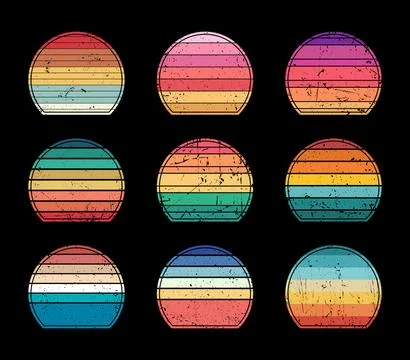 Set of retro sunsets in the style of the 80s and 90s. Retro Sunset Art Bundle Stock Illustration