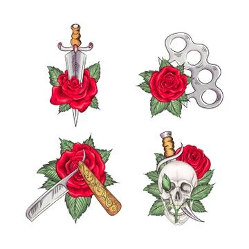 Set of retro tattoos in old school style Illustration